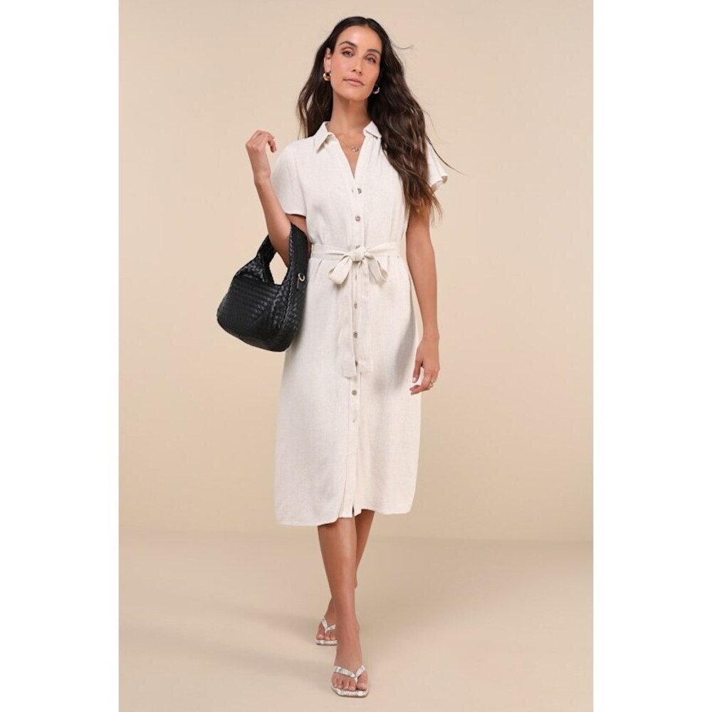 Lulu's Cream Button-Front Midi Shirt Dress